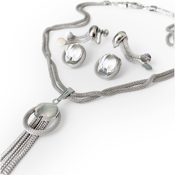 Vintage Continental Silver-tone Mesh Jewelry Set Necklace Earrings Pairs Lot - Picture 4 of 9